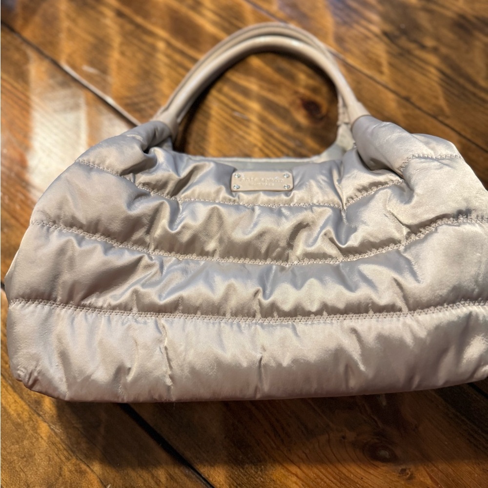 Kate Spade Stevie nylon puffer shoulder tote bag.  Beige.gold w/patent leather